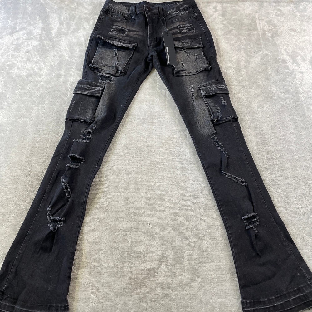 Rockstar Original Stacked Flare Cargo Jeans Men 32 Gray Distressed Grunge RSM205